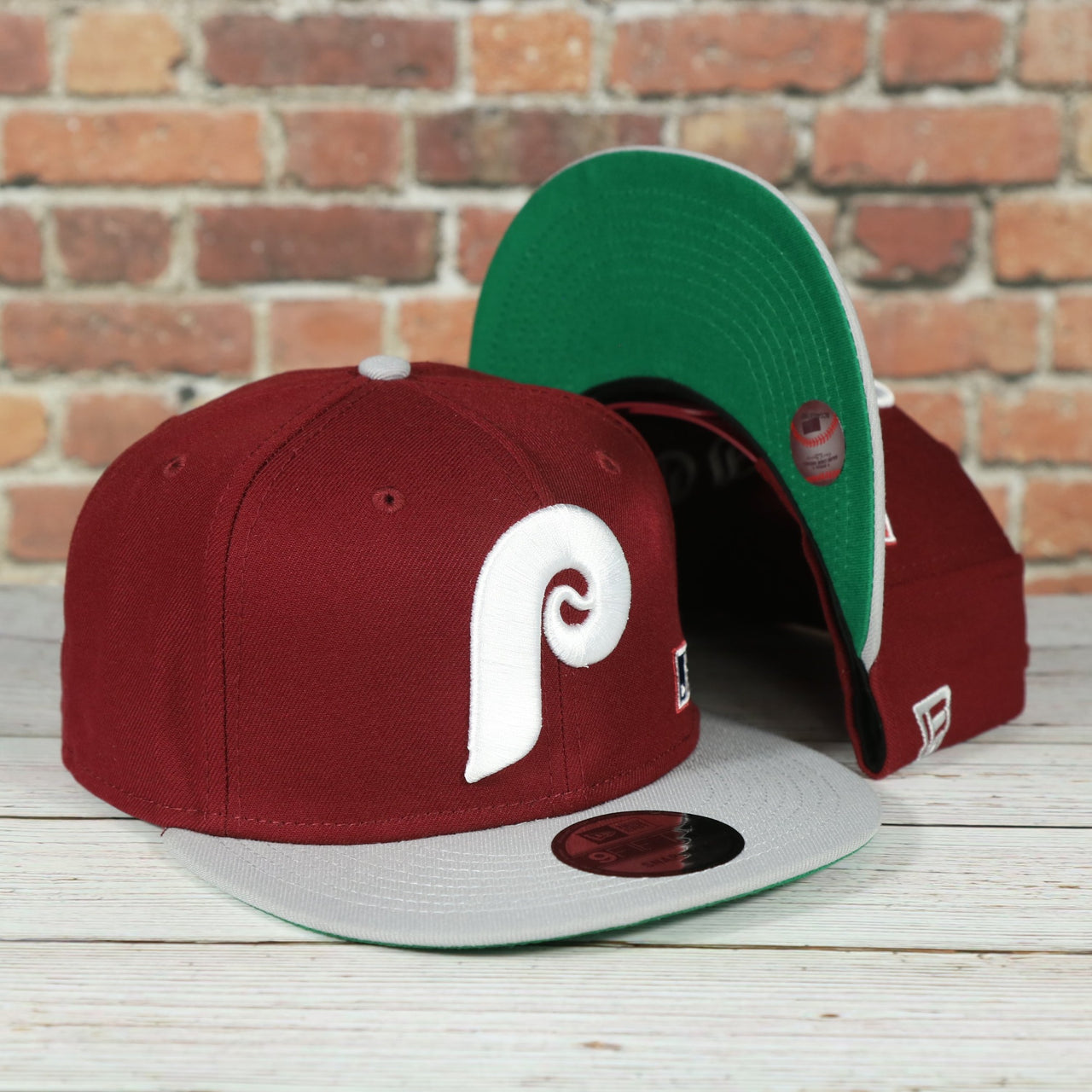 Philadelphia Phillies Throwback Green Bottom White Back Letter Arch 9Fifty Snapback | Back Word Arch Maroon 9Fifty