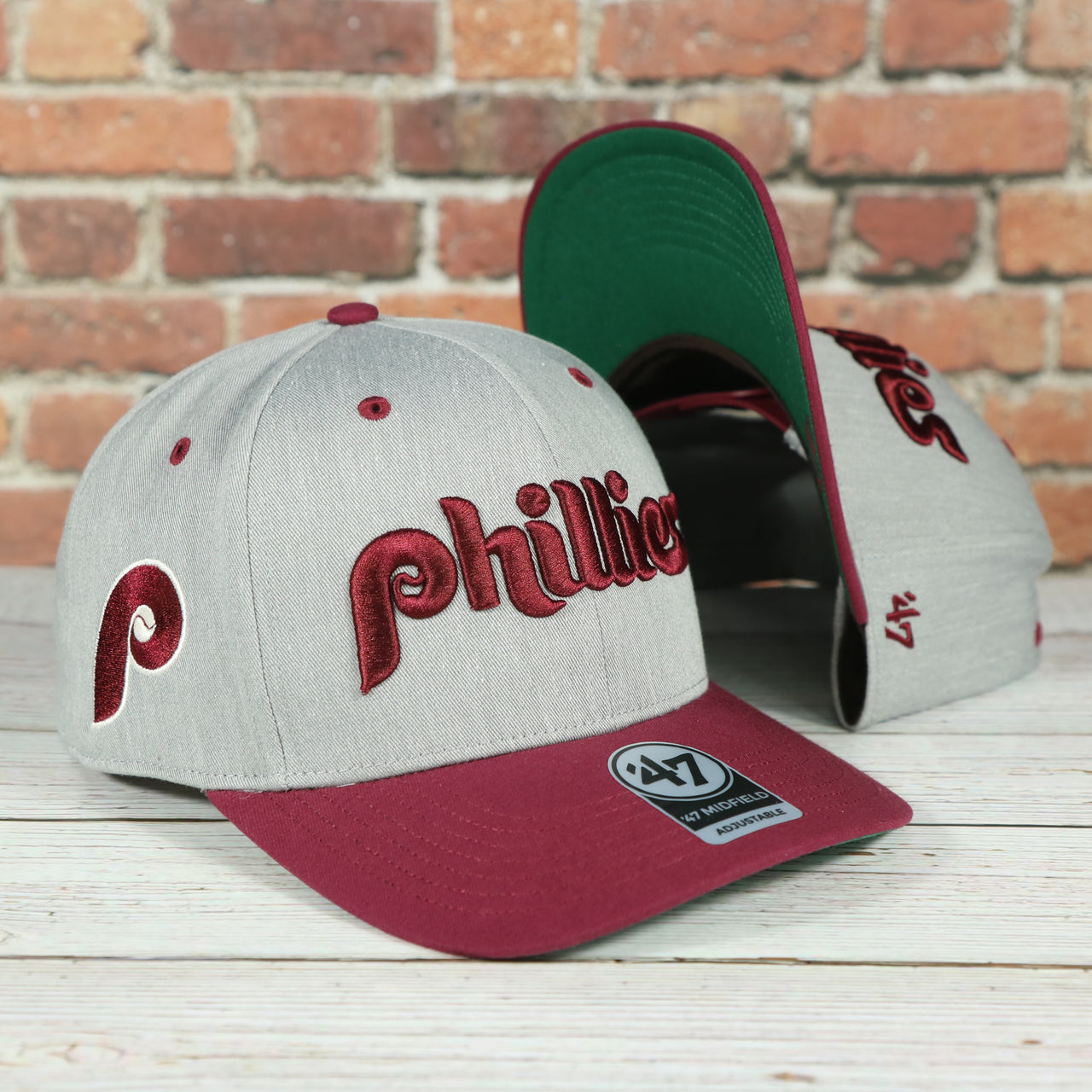 Cooperstown Phillies Wordmark Vintage Green Undervisor Side Patch Retro Snapback Hat | Gray Snapback