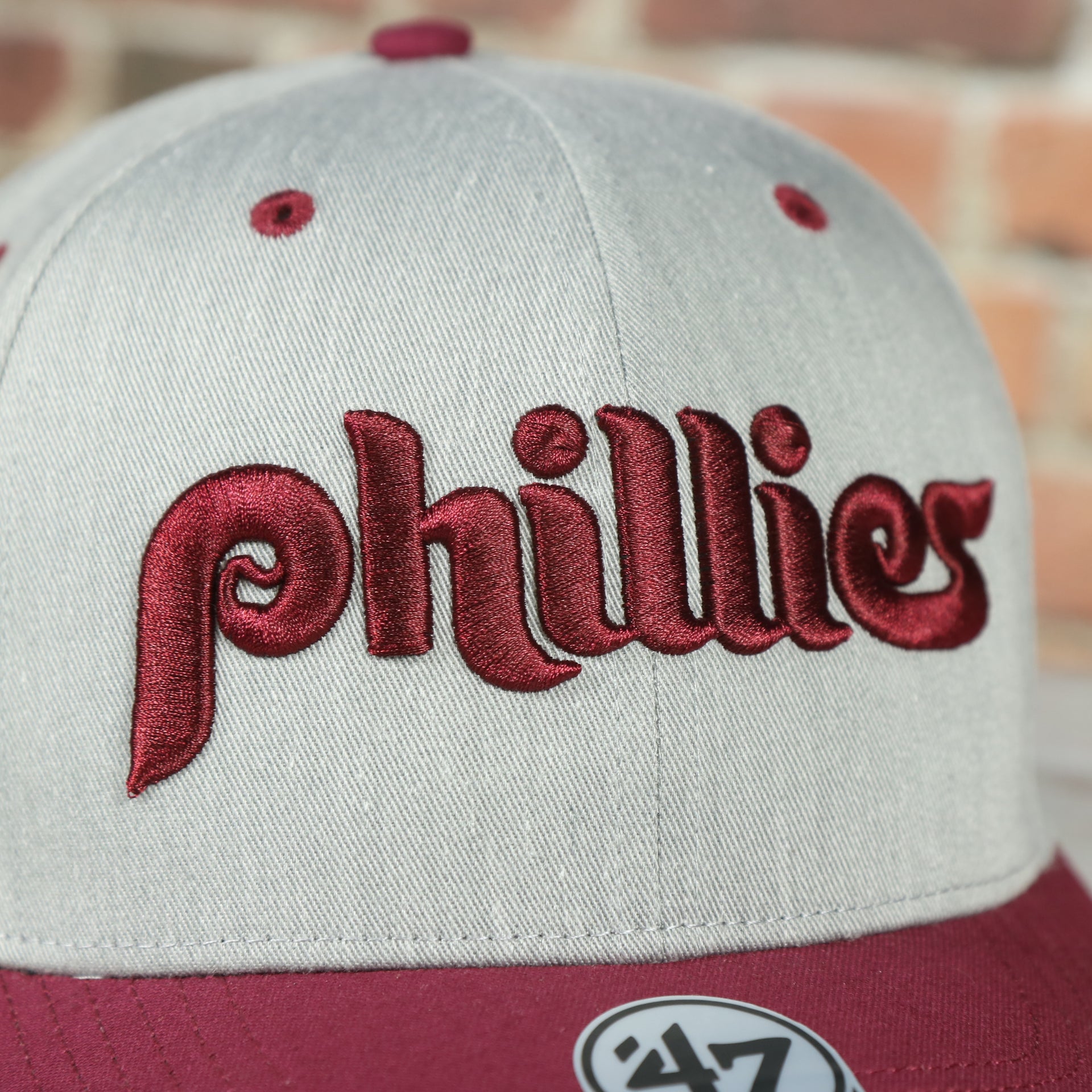 phillies wordmark on the Cooperstown Phillies Wordmark Vintage Green Undervisor Side Patch Retro Snapback Hat | Gray Snapback
