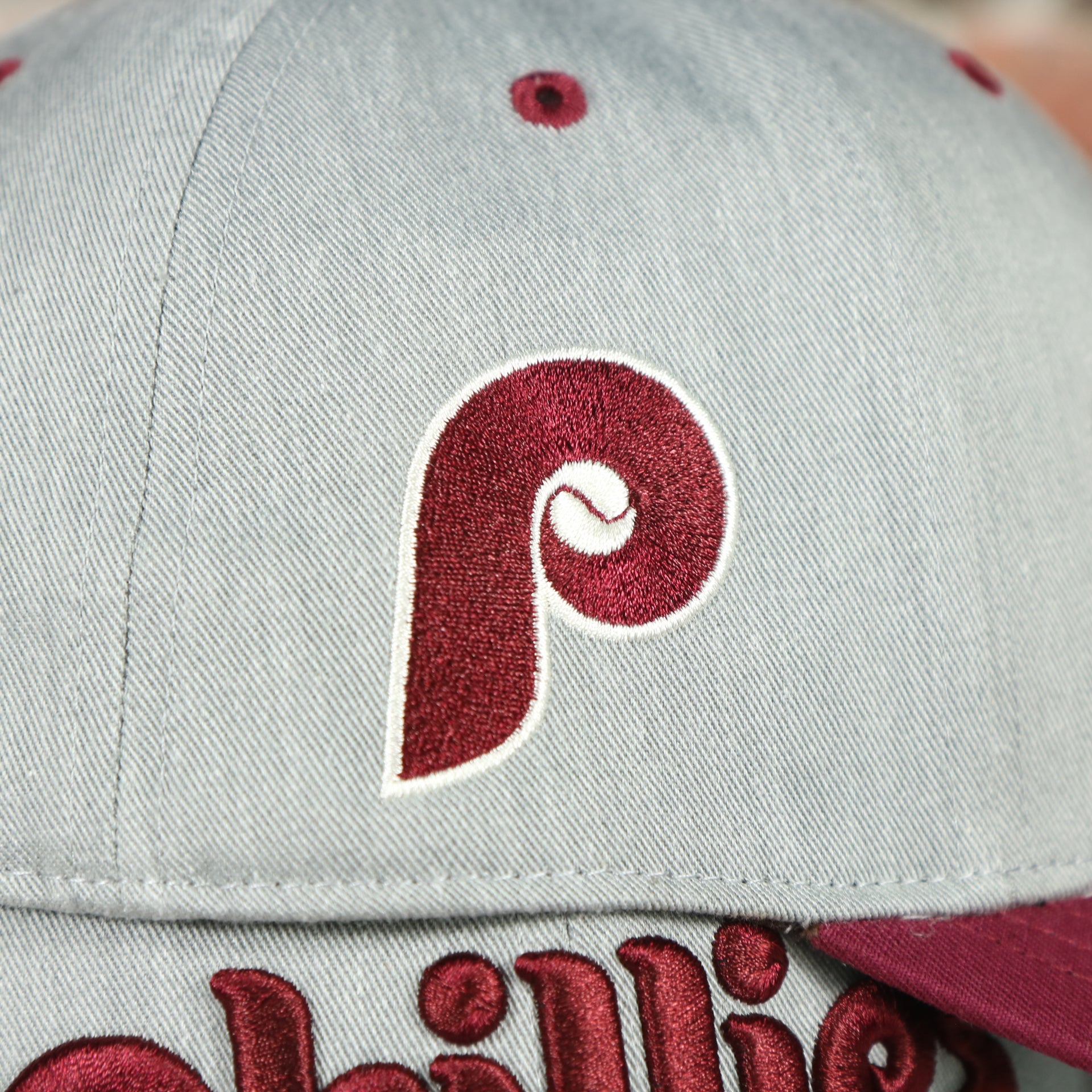 phillies logo on the Cooperstown Phillies Wordmark Vintage Green Undervisor Side Patch Retro Snapback Hat | Gray Snapback