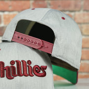 maroon adjustable snap on the Cooperstown Phillies Wordmark Vintage Green Undervisor Side Patch Retro Snapback Hat | Gray Snapback