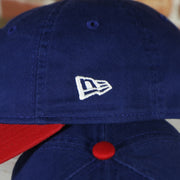 Close up of the New Era logo on the wearer's left of the Philadelphia Phillies Core Classic Youth Royal/Red 9Twenty Kid's Dad Hat 