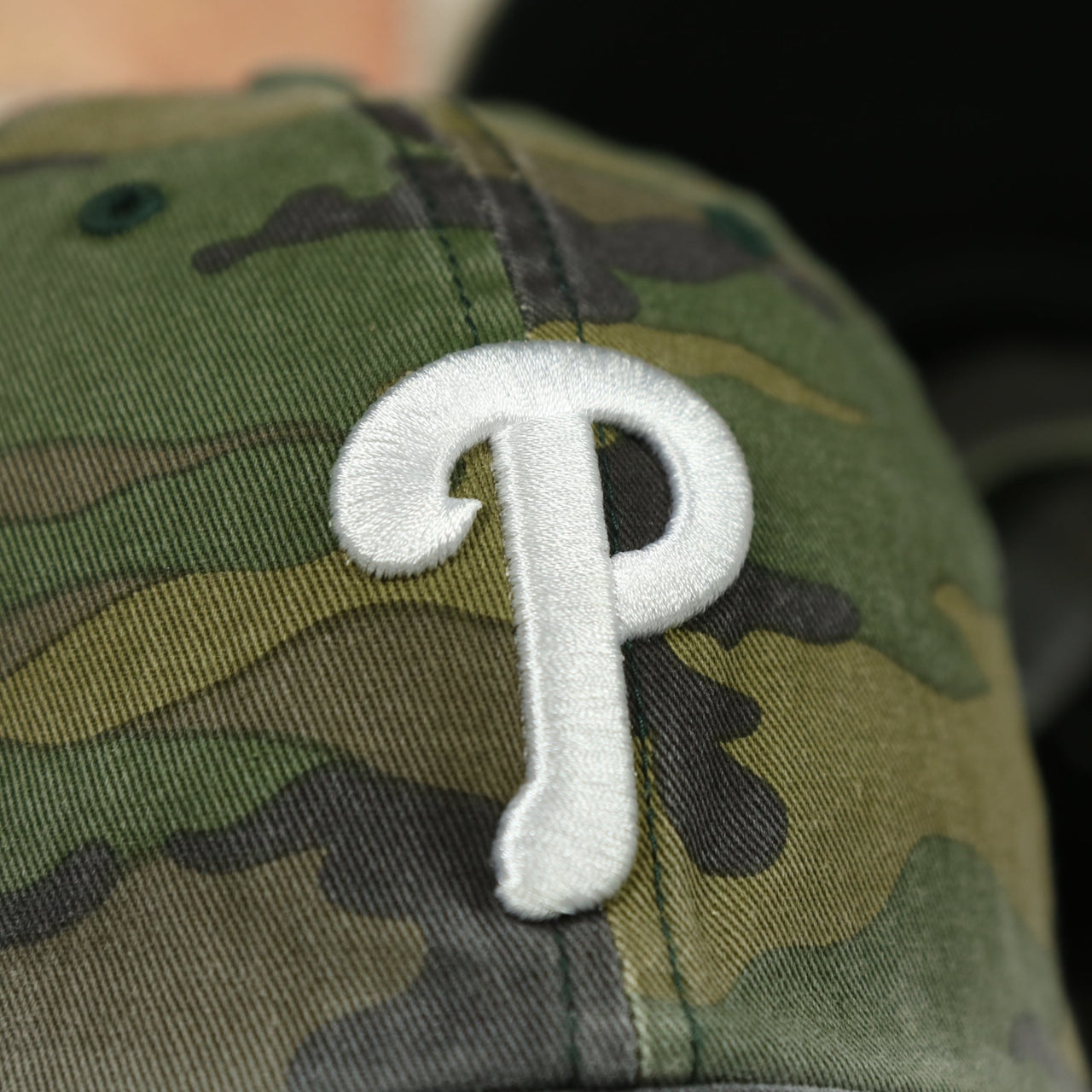 phillies logo on the Philadelphia Phillies White Phillies Logo Camo Dad Hat | Camo Hat