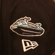 Close up of the jet ski patch on the Florida Marlins Cooperstown City Transit All Over Side Patch Gray Bottom 59Fifty Fitted Cap