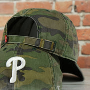 adjustable strap on the Philadelphia Phillies White Phillies Logo Camo Dad Hat | Camo Hat