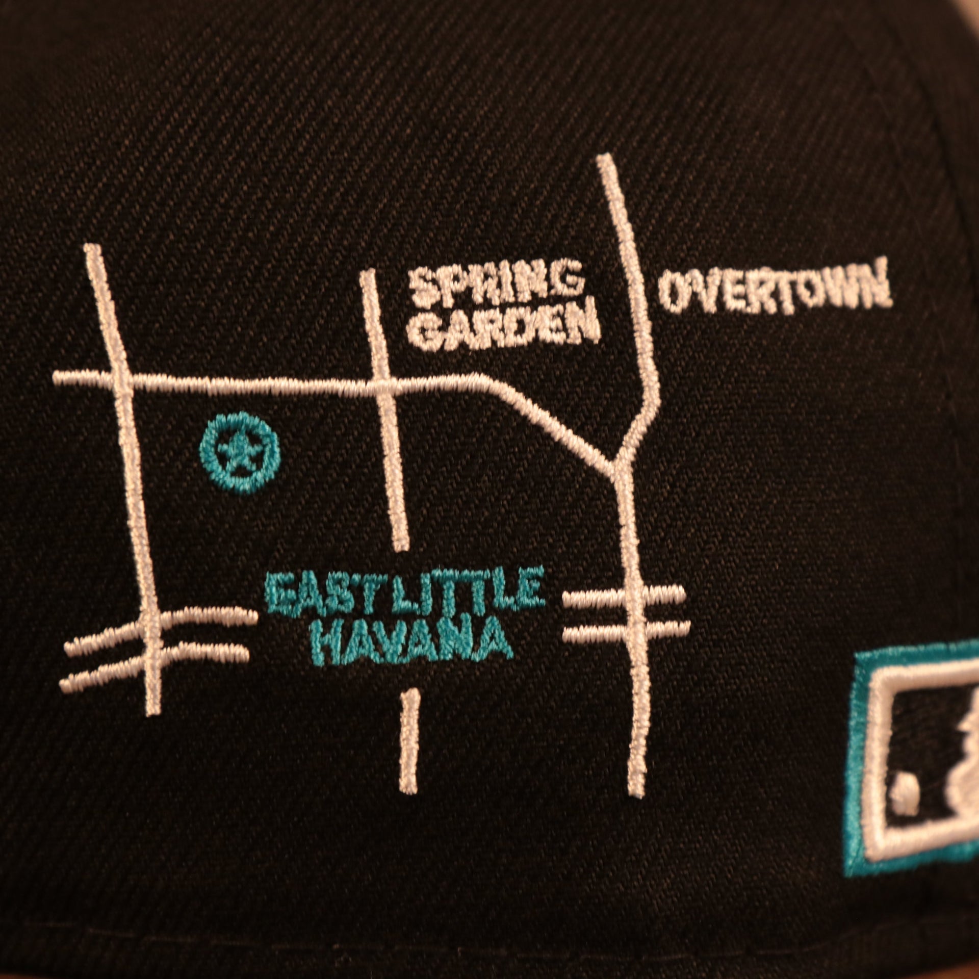 Close up of the transit map on the back of the Florida Marlins Cooperstown City Transit All Over Side Patch Gray Bottom 59Fifty Fitted Cap