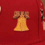 Close up of the Liberty Bell patch on the Philadelphia Phillies City Transit All Over Side Patch Gray Bottom 59Fifty Fitted Cap