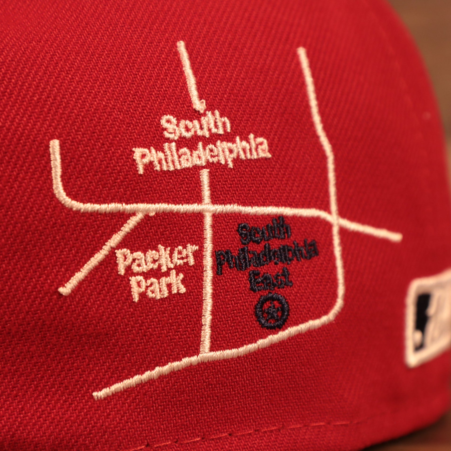 Close up of the city transit map on the back of the Philadelphia Phillies City Transit All Over Side Patch Gray Bottom 59Fifty Fitted Cap
