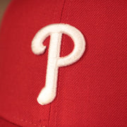 Close up of the Philadelphia Phillies logo on the Philadelphia Phillies 1996 All Star Game Crystal Side Patch Icy Blue Bottom 59Fifty Fitted Cap