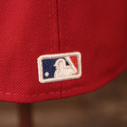 Close up of the MLB Batterman logo on the back of the Philadelphia Phillies 1996 All Star Game Crystal Side Patch Icy Blue Bottom 59Fifty Fitted Cap