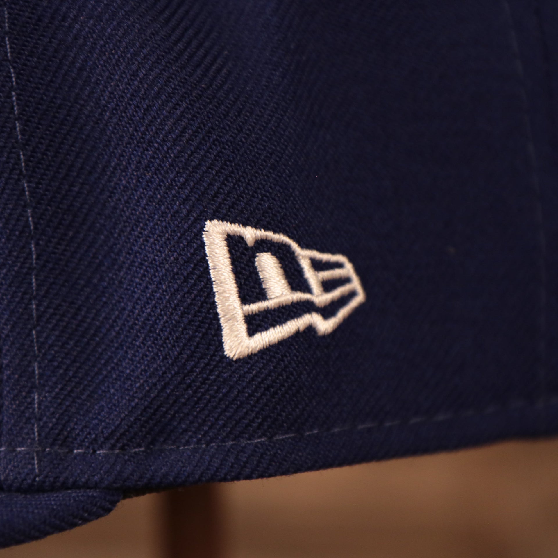 Close up of the New Era flag on the Los Angeles Dodgers 1980 All Star Game Crystal Side Patch Icy Blue Bottom 59Fifty Fitted Cap