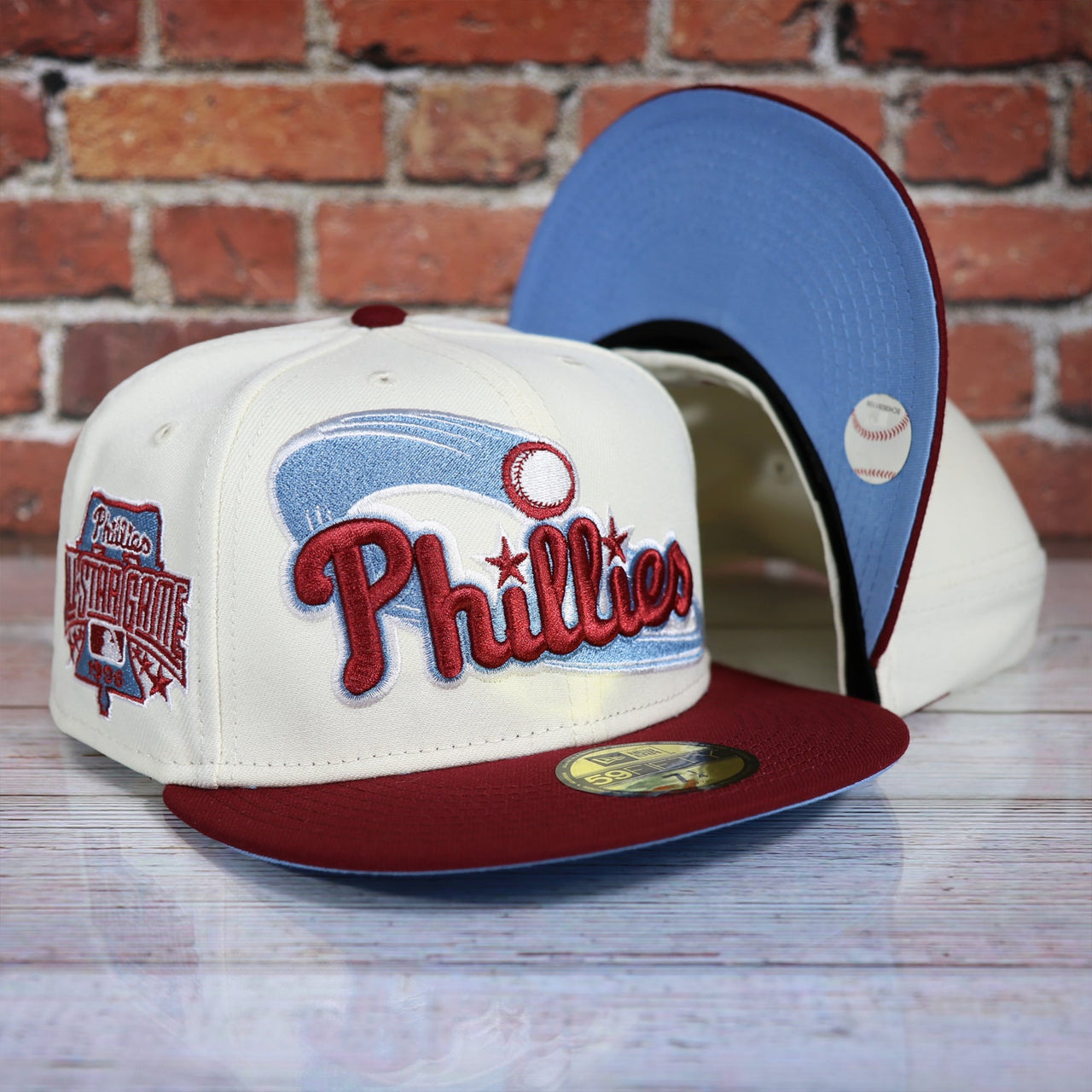 Philadelphia Phillies Cooperstown Jersey Script Wordmark 1996 All Star Game Side Patch Powder Blue UV 59Fifty Fitted Cap | Chrome/Maroon Cap Swag Exclusive