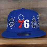 front of the Philadelphia 76ers All Over Paisley Bandana Pattern Grey Bottom 5950 Fitted Cap | Blue
