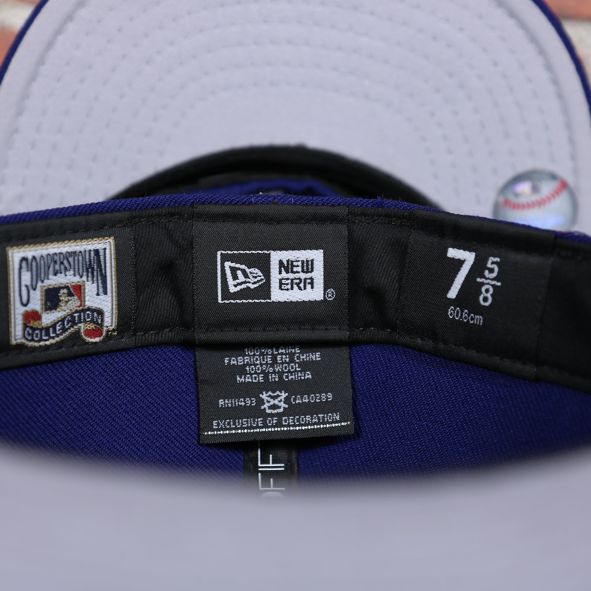 MLB cooperstown and new era label on the Brooklyn Dodgers Royal Blue Grey Bottom Fitted Hat | Royal Blue New Era Grey Brim 59fifty | Dodgers Gray Underbrim Fitted Cap