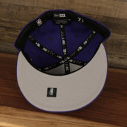 underside of the Los Angeles Lakers All Over Paisley Bandana Pattern Grey Bottom 5950 Fitted Cap | Purple