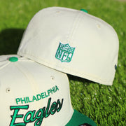 Back of the Philadelphia Eagles Throwback Wordmark Jersey Script Cream/Kelly Green Black UV Side Patch 59Fifty Fitted Cap | Cap Swag Exclusive featuring the retro NFL shield