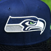 seahawks logo on the front of the Seattle Seahawks Crocodile Brim Neon Green Bottom 9Fifty Strapback | Navy/Black