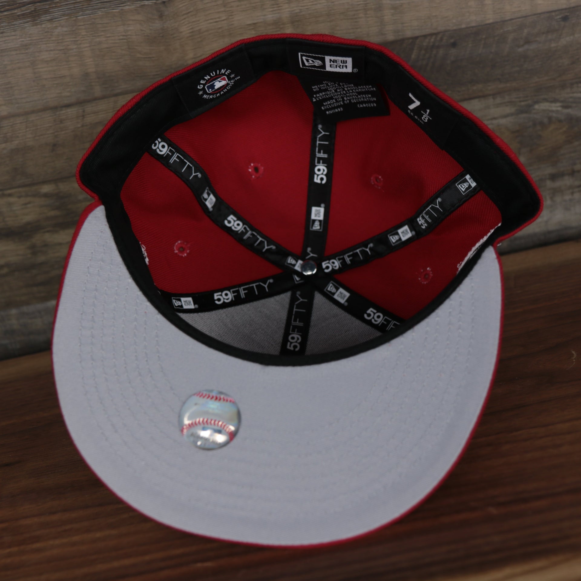 underside of the Cincinnati Reds All Over Paisley Bandana Pattern Grey Bottom 5950 Fitted Cap | Red