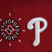 phillies logo on the Philadelphia Phillies All Over Paisley Bandana Pattern Grey Bottom Red 5950 Fitted Cap | Bandana Paisley
