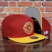 front and bottom of the Cleveland Cavaliers Vintage Hardwood Classic Gray Bottom 9Fifty Snapback | Red/Yellow