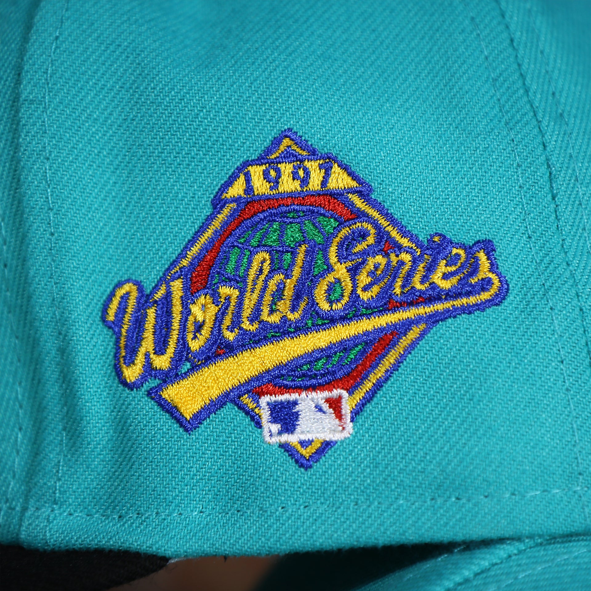 1997 world series side patch on the Florida Marlins Cooperstown 1997 World Series Side Patch Grey Bottom 59Fifty Fitted Cap | Teal