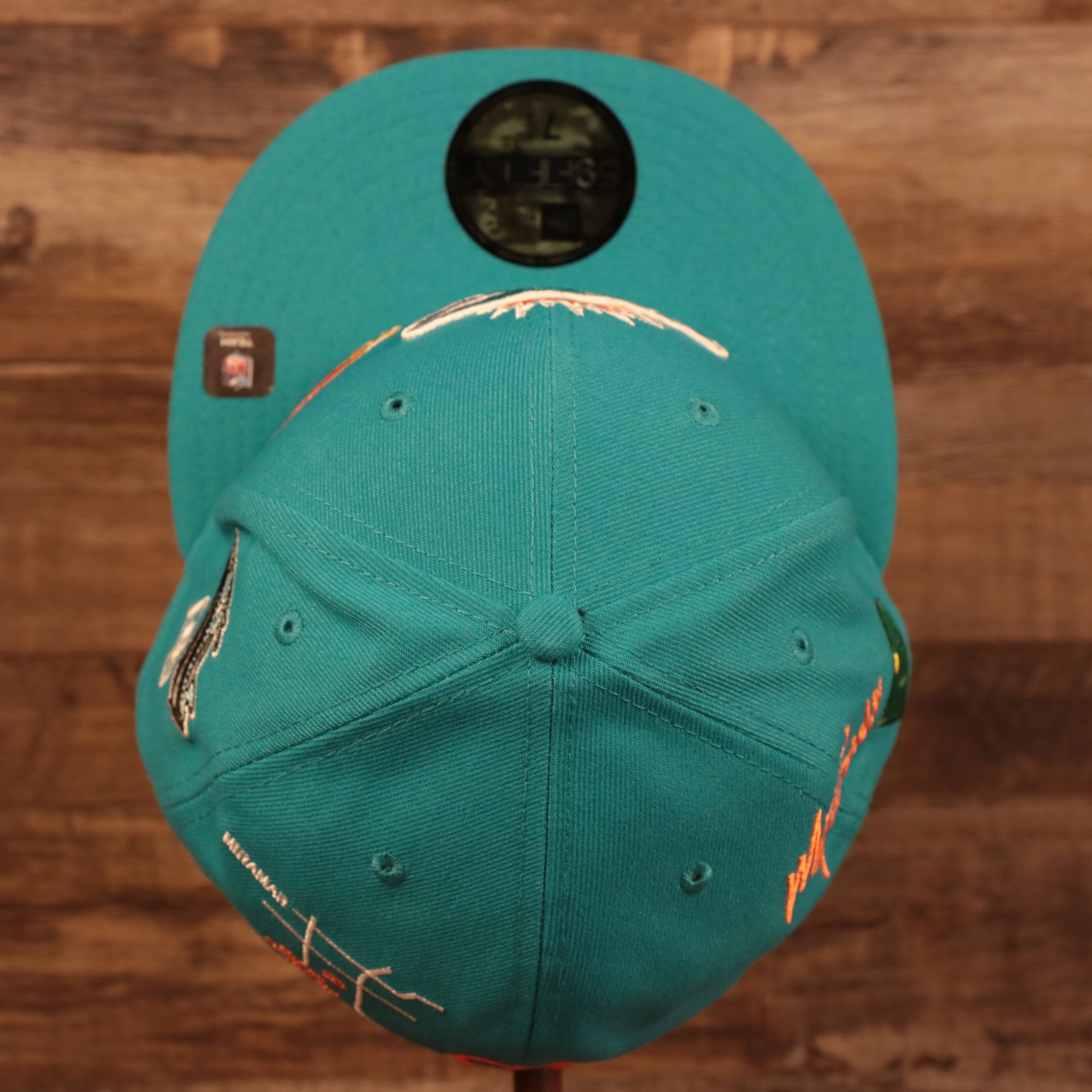 Top down of the Miami Dolphins City Transit All Over Side Patch Gray Bottom 59Fifty Fitted Cap