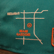 Close up of the city transit map on the back of the Miami Dolphins City Transit All Over Side Patch Gray Bottom 59Fifty Fitted Cap