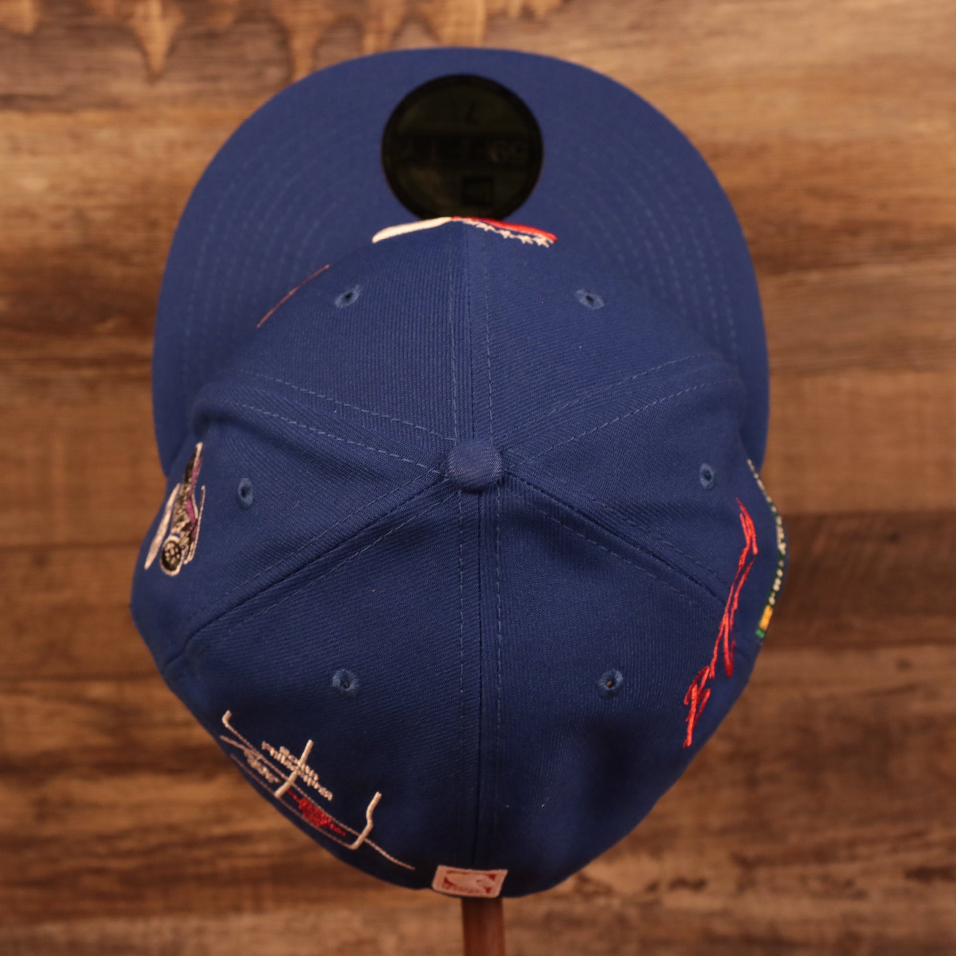 Top down view of the Philadelphia 76ers City Transit All Over Side Patch Gray Bottom 59Fifty Fitted Cap