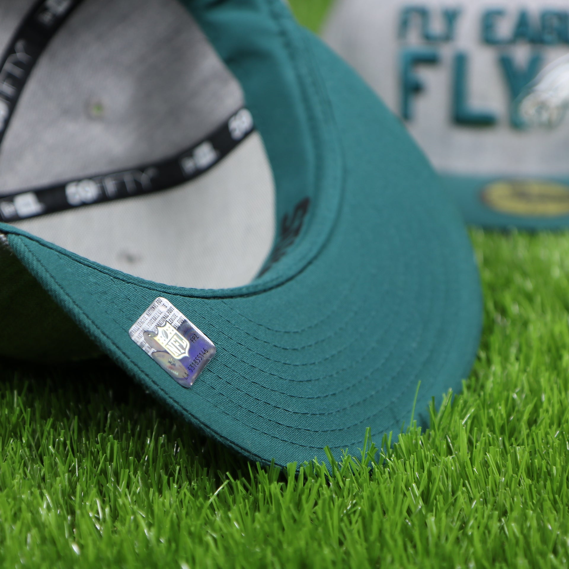 underside of the Philadelphia Eagles 2018 On-Stage Draft 59Fifty Green Bottom Fitted Cap