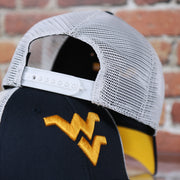 backside of the West Virginia Mountaineers MVP Yellow Bottom Trucker Cap | Navy/White | OSFM