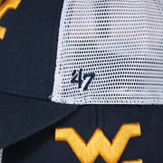47 brand logo on the wearers left side of the West Virginia Mountaineers MVP Yellow Bottom Trucker Cap | Navy/White | OSFM