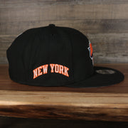 wearers right side of the New York Knicks 2021 City Edition Vintage Grey Bottom 9Fifty Snapback | Black