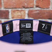 new era label on the Philadelphia 76ers Pop Sweat Pastel NBA Finals Champions Side Patch Fitted Cap With Pink Undervisor | Royal Blue 59Fifty Cap