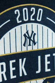 Close up of back logo on New York Yankees The Captain 2020 Patch Hall of Fame Navy Blue Men's T-Shirt