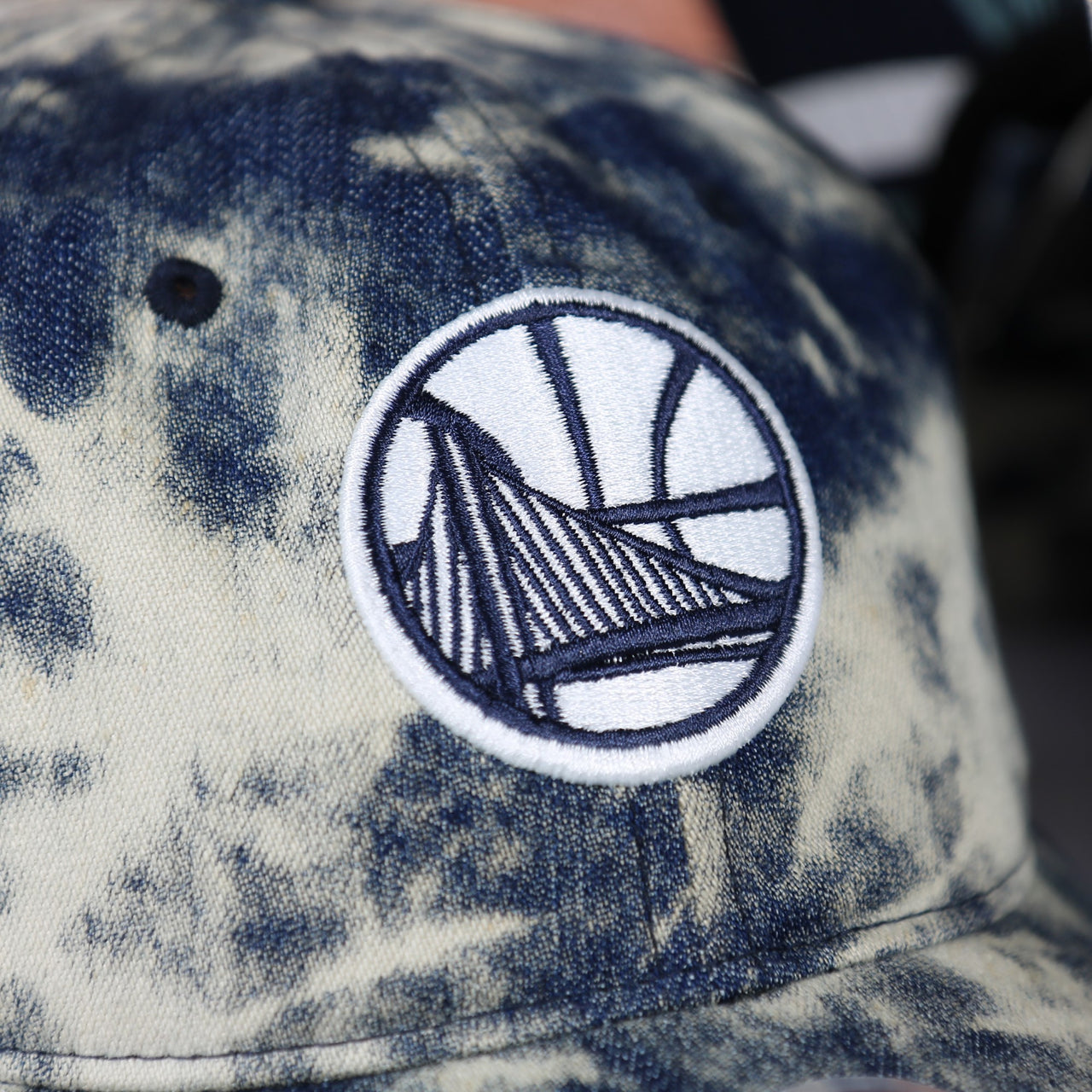 warriors logo on the Golden State Warriors Acid Wash Denim Dad Hat | 9Twenty San Francisco Baseball Cap