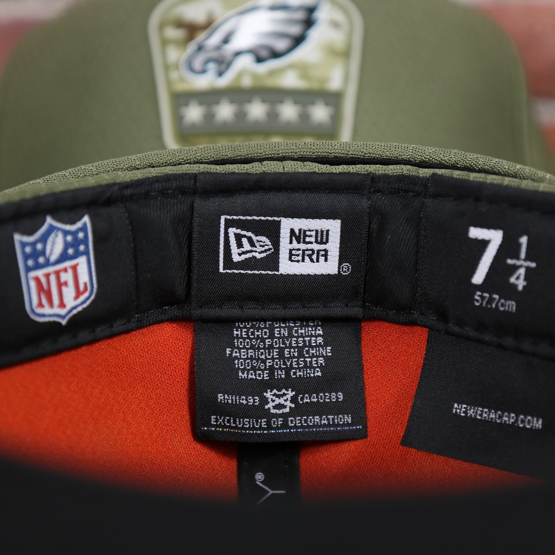 new era label on the Eagles Fitted Cap | Philadelphia Eagles 2019 Salute To Service Fitted Hat | 59Fifty Fitted Hat