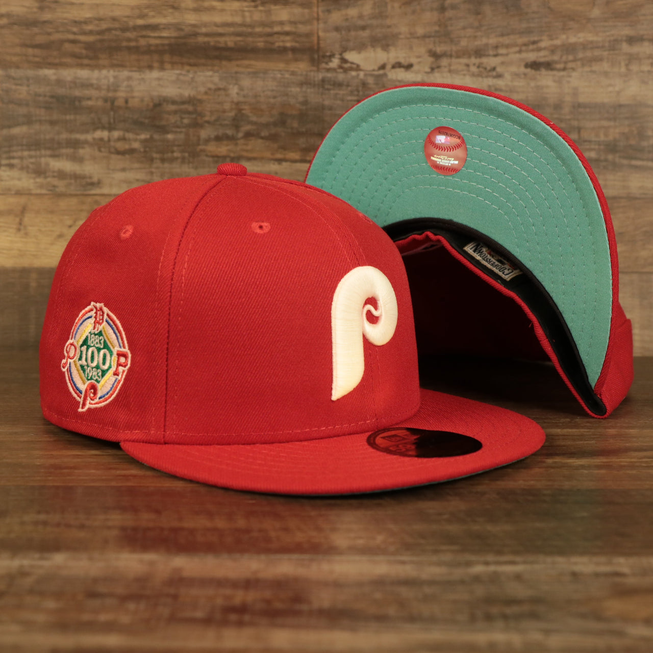 Philadelphia Phillies Glow In The Dark 100th Anniversary Teal Bottom Side Patch 59Fifty Fitted Cap