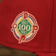 Close up side patch on the Philadelphia Phillies Glow In The Dark 100th Anniversary Teal Bottom Side Patch 59Fifty Fitted Cap