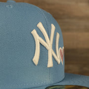 Close up of the yankees logo on the New York Yankees Glow In The Dark 27x World Series Champs Patch Pink Bottom Side Patch 59Fifty Fitted Cap