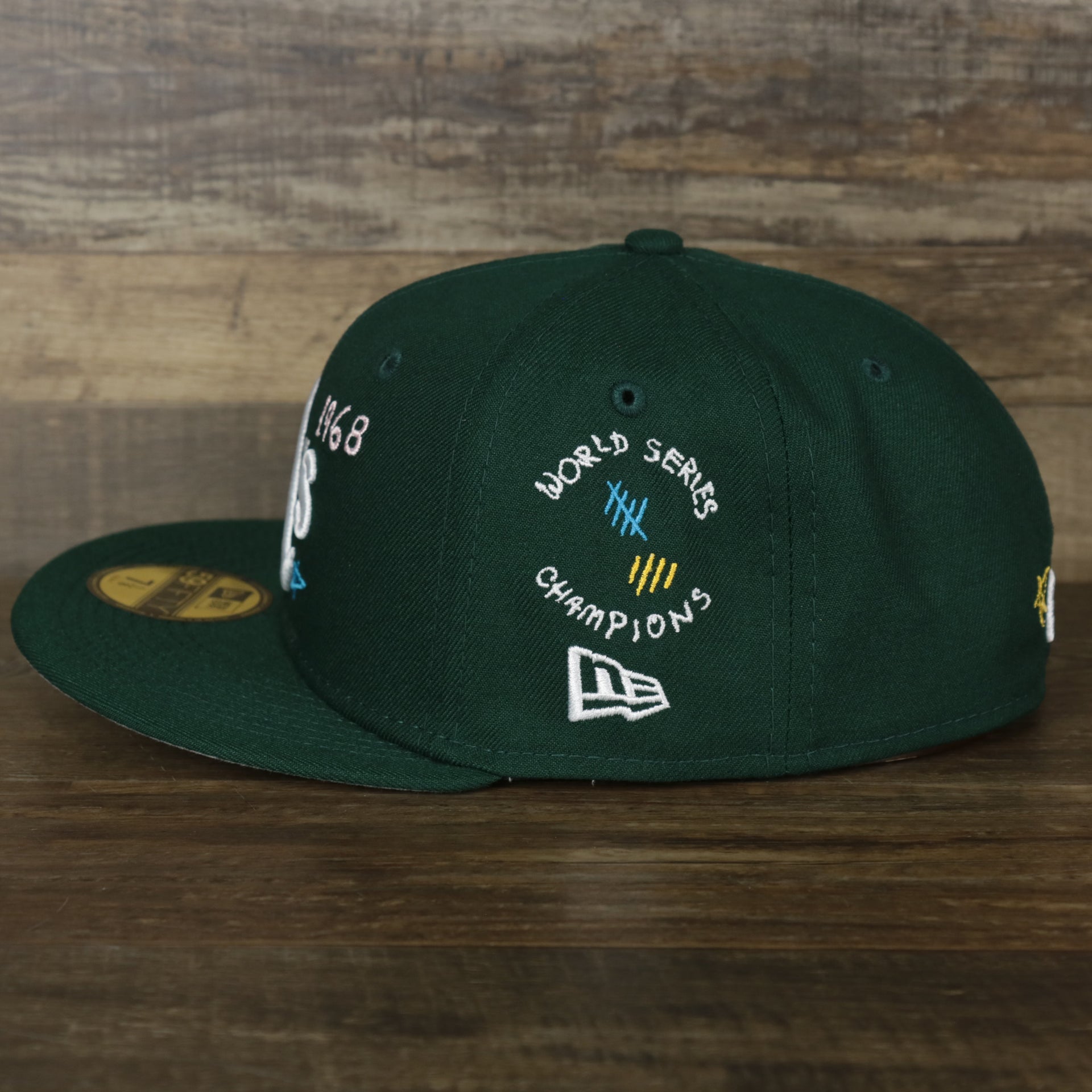 The wearer's left on the Oakland Athletics “Scribble” Side Patch Gray Bottom 59Fifty Fitted Cap