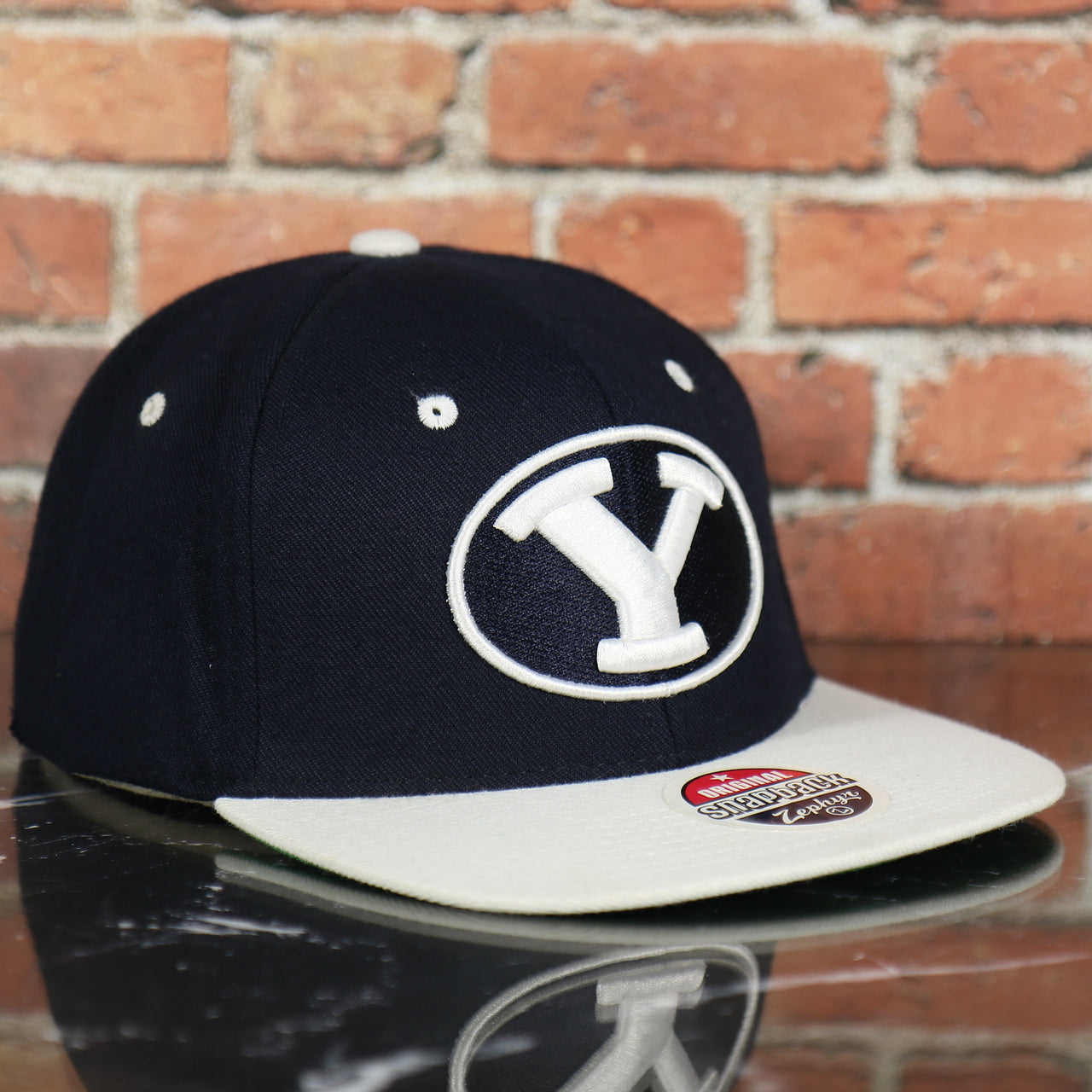 BYU Cougars Green Bottom Arched Wordmark Snapback Cap | Navy Blue Snap Cap