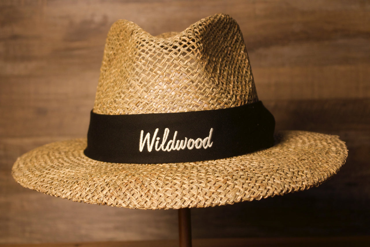 Wildwood Hat | Wildwood New Jersey Stone Colored Straw Hat |  OSFM the front of this wildwood straw hat is a black band that goes all around and has the text Willdwood