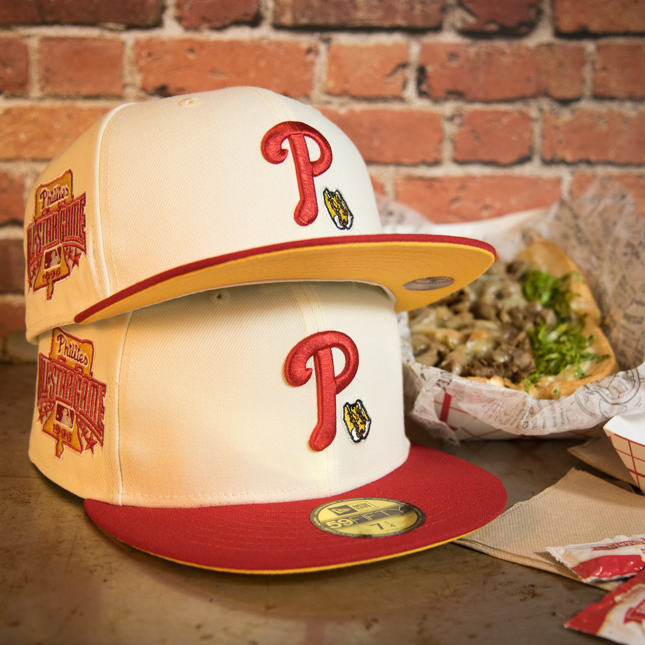 front side of the Philadelphia Phillies Cooperstown 1996 All Star Side Patch Yellow UV 59Fifty Fitted Cap | Chrome/Red | CheeseSteak Pack Cap Swag Exclusive