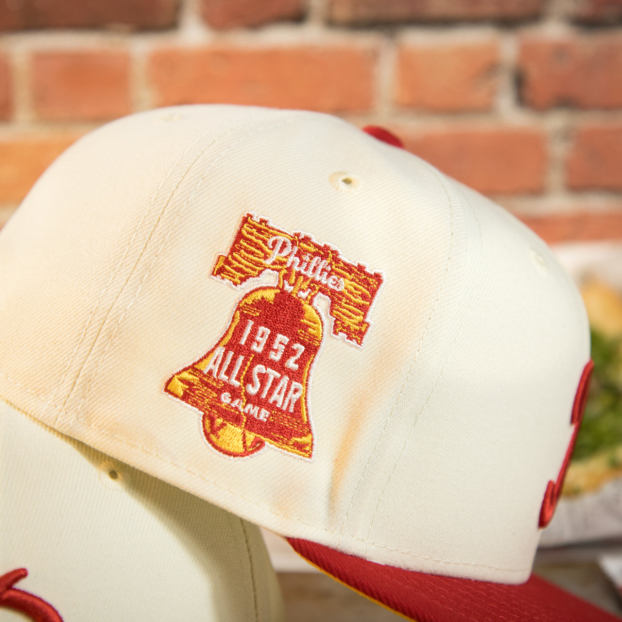 wearers right side of the Philadelphia Phillies Cooperstown 1952 All Star Side Patch Yellow UV 59Fifty Fitted Cap | Chrome/Red | CheeseSteak Pack Cap Swag Exclusive