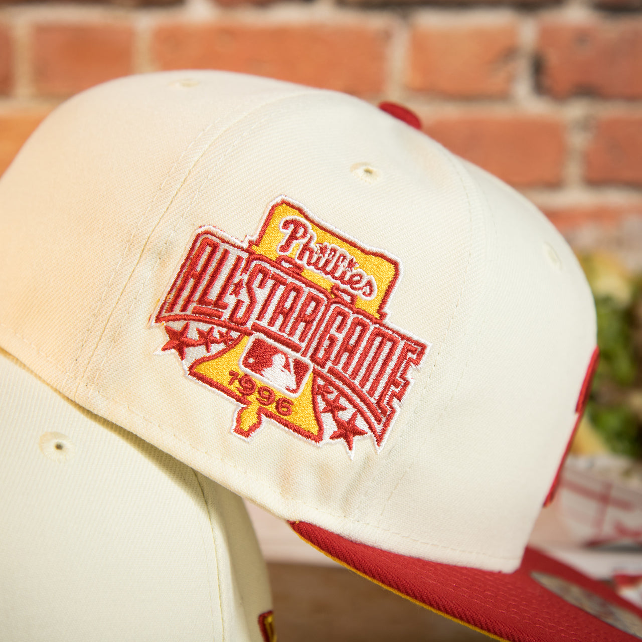 wearers right side of the Philadelphia Phillies Cooperstown 1996 All Star Side Patch Yellow UV 59Fifty Fitted Cap | Chrome/Red | CheeseSteak Pack Cap Swag Exclusive