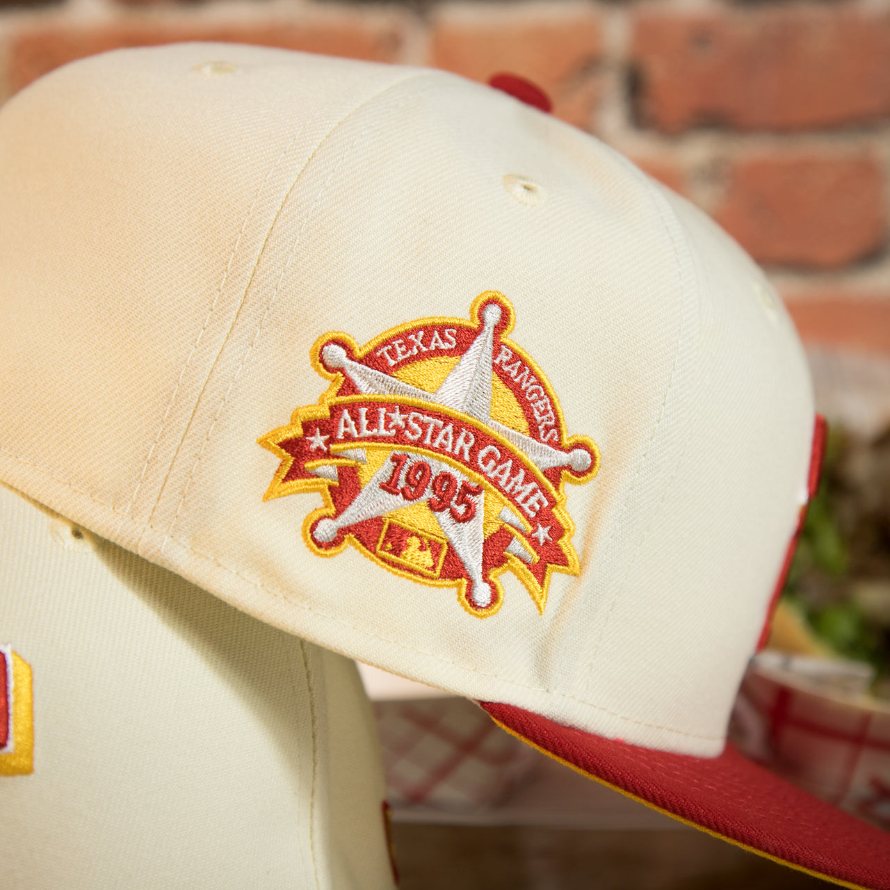 1995 side patch on the side of the Texas Rangers Cooperstown 1995 All Star Side Patch Yellow UV 59Fifty Fitted Cap | Chrome/Red | CheeseSteak Pack Cap Swag Exclusive