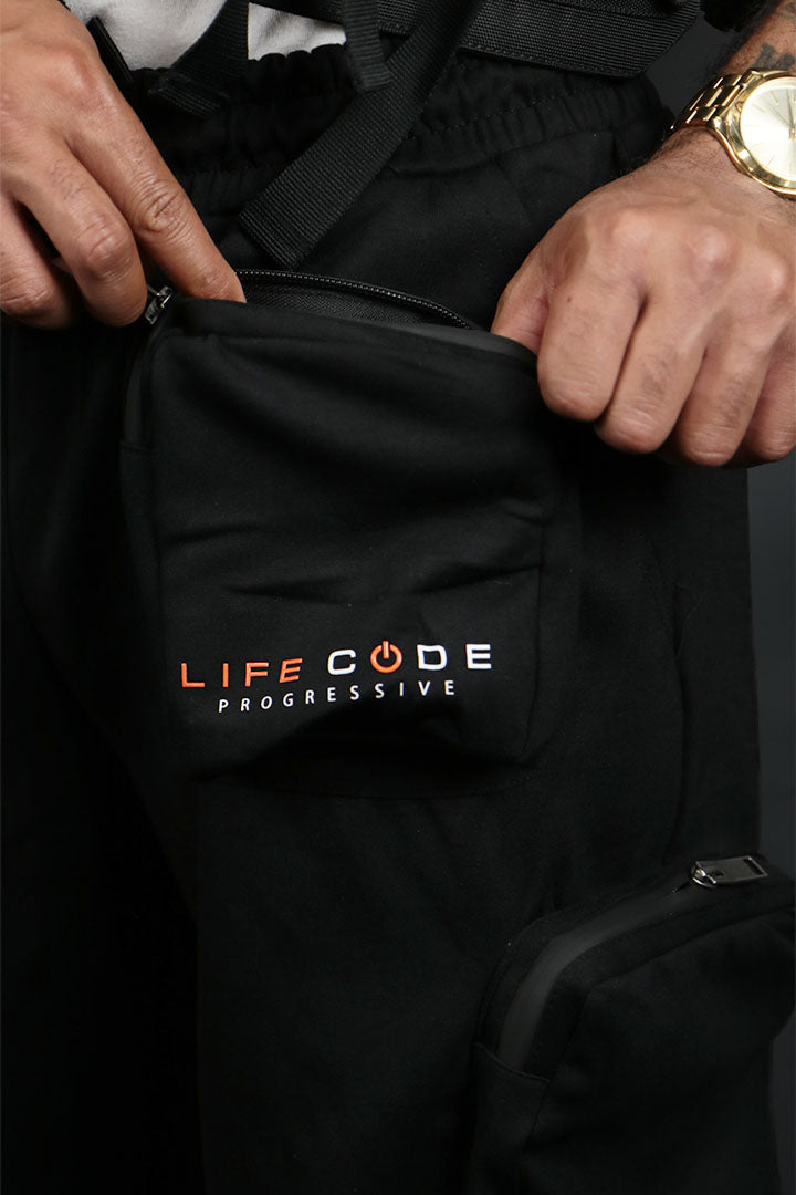 A close up of a zipper pocket on the Tech Fleece Streetwear Military  Cargo Shorts Life Code | Black