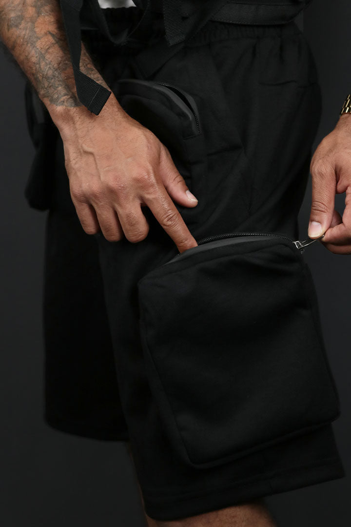 a close up of the bigger zipper pocket on the Tech Fleece Streetwear Military  Cargo Shorts Life Code | Black