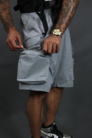 The wearer's left on the Nylon Taslan Tactical Military Cargo Pocket Shorts Life Code | Gray