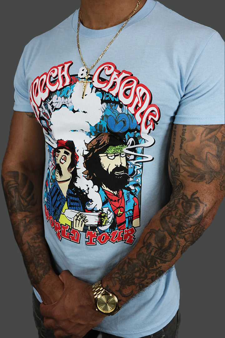 The short sleeves on the Vintage Cheech and Chong World Tour T-Shirt | Light Blue